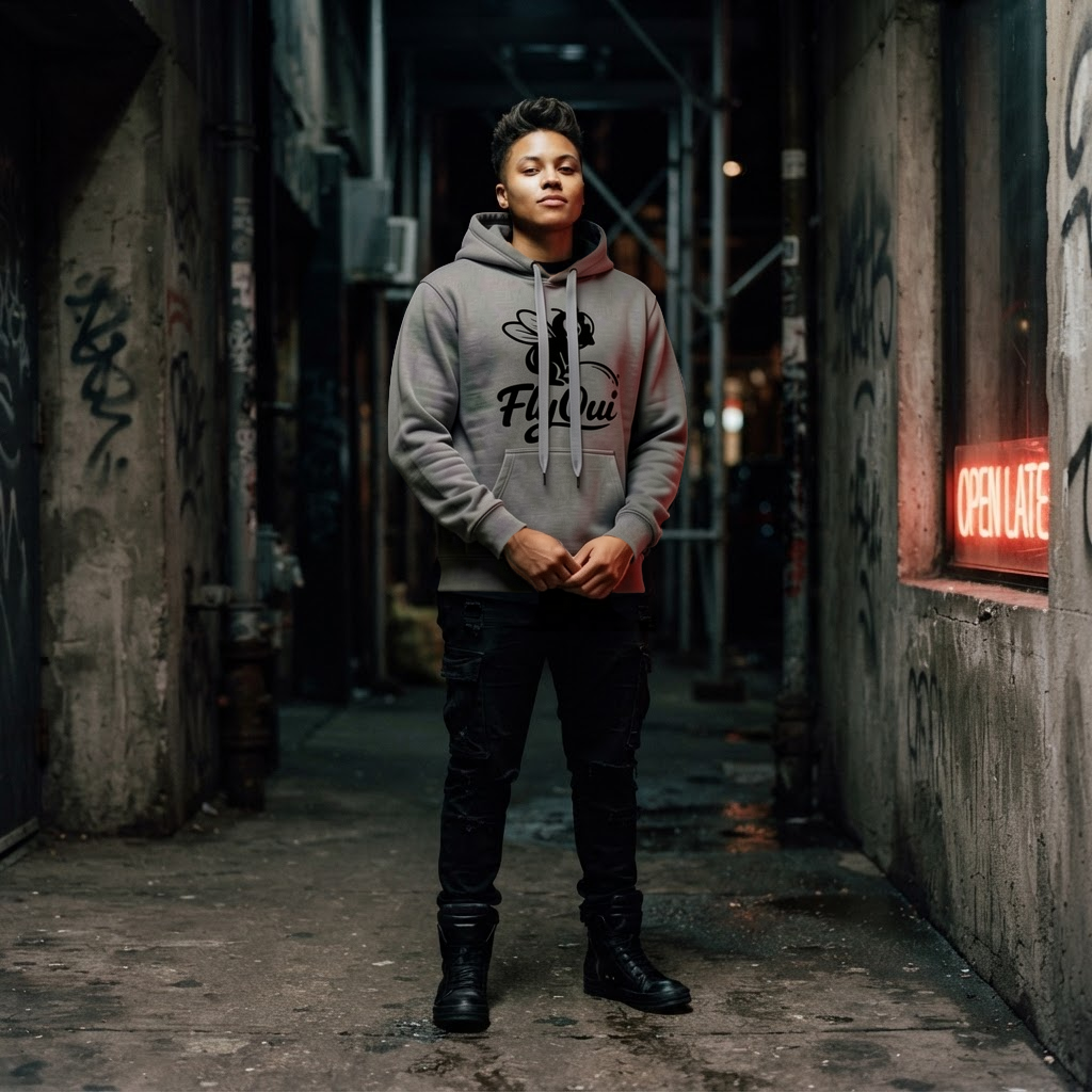 Model wearing a premium charcoal hoodie in an urban setting