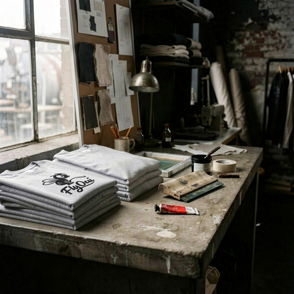 Behind-the-scenes look at the design studio and folded garments